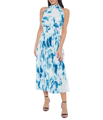 Marina Tie Dye Pleated Mock Neck Sleeveless A-Line Midi Dress