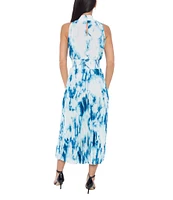 Marina Tie Dye Pleated Mock Neck Sleeveless A-Line Midi Dress