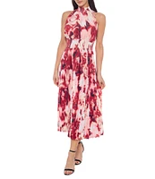 Marina Tie Dye Pleated Mock Neck Sleeveless A-Line Midi Dress