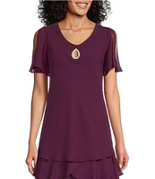 Marina Tiered Chiffon Rhinestone Keyhole V-Neck Flutter Short Sleeve Dress