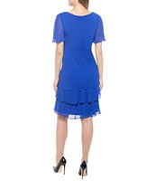 Marina Tiered Chiffon Rhinestone Keyhole V-Neck Flutter Short Sleeve Dress