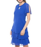 Marina Tiered Chiffon Rhinestone Keyhole V-Neck Flutter Short Sleeve Dress