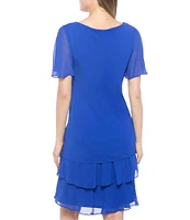 Marina Tiered Chiffon Rhinestone Keyhole V-Neck Flutter Short Sleeve Dress