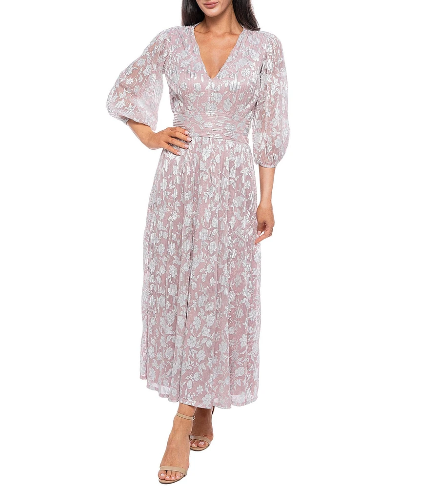 Marina V Neck 3/4 Sleeve Ruched Waist Metallic A-Line Dress