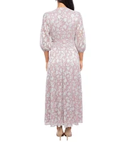 Marina V Neck 3/4 Sleeve Ruched Waist Metallic A-Line Dress