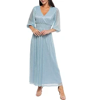 Marina V Neck 3/4 Sleeve Smock Waist Mini Pleat Metallic Dress