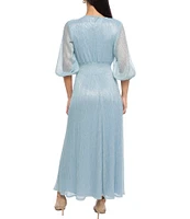 Marina V Neck 3/4 Sleeve Smock Waist Mini Pleat Metallic Dress