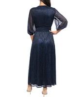 Marina V Neck 3/4 Sleeve Smock Waist Mini Pleat Metallic Dress