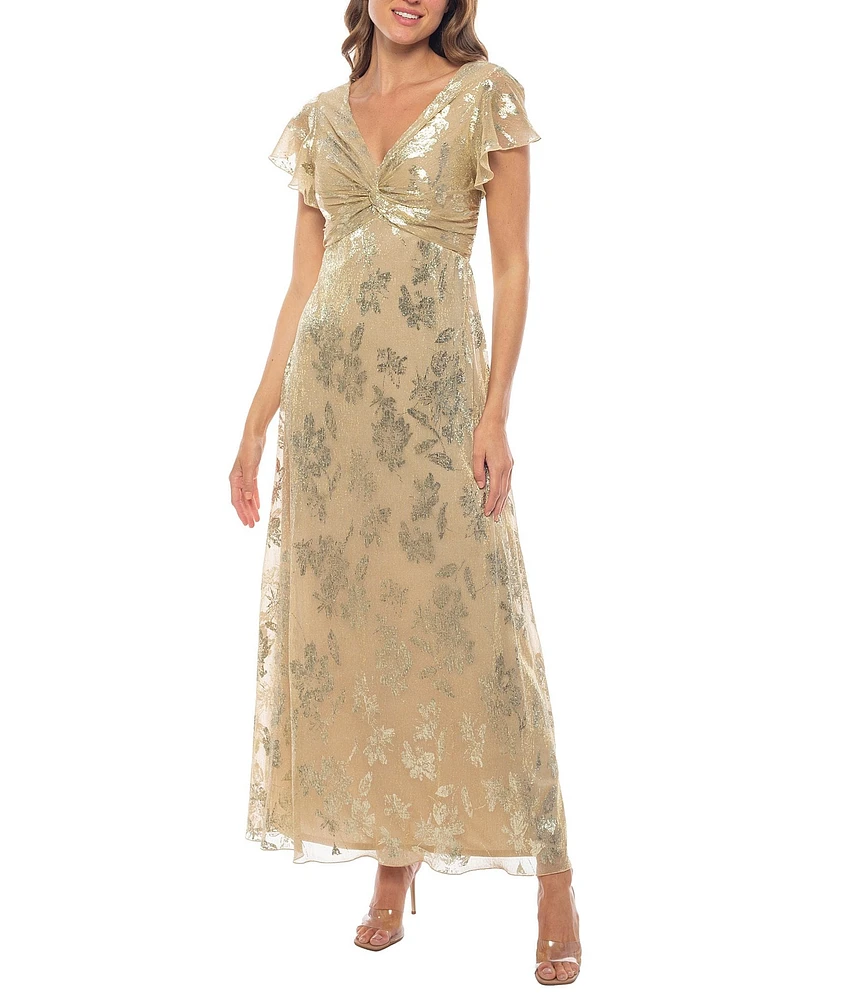 Marina V-Neck Knot Front Flutter Sleeve Floral Metallic Foil Sheath Dress