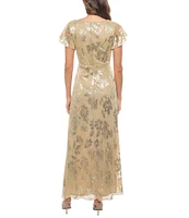 Marina V-Neck Knot Front Flutter Sleeve Floral Metallic Foil Sheath Dress