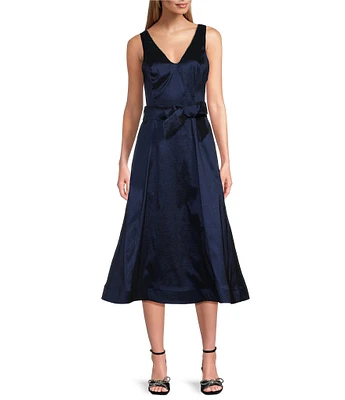 Marina V-Neck Sleeveless Tie Sash Stretch Taffeta Midi Fit and Flare Dress