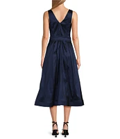 Marina V-Neck Sleeveless Tie Sash Stretch Taffeta Midi Fit and Flare Dress