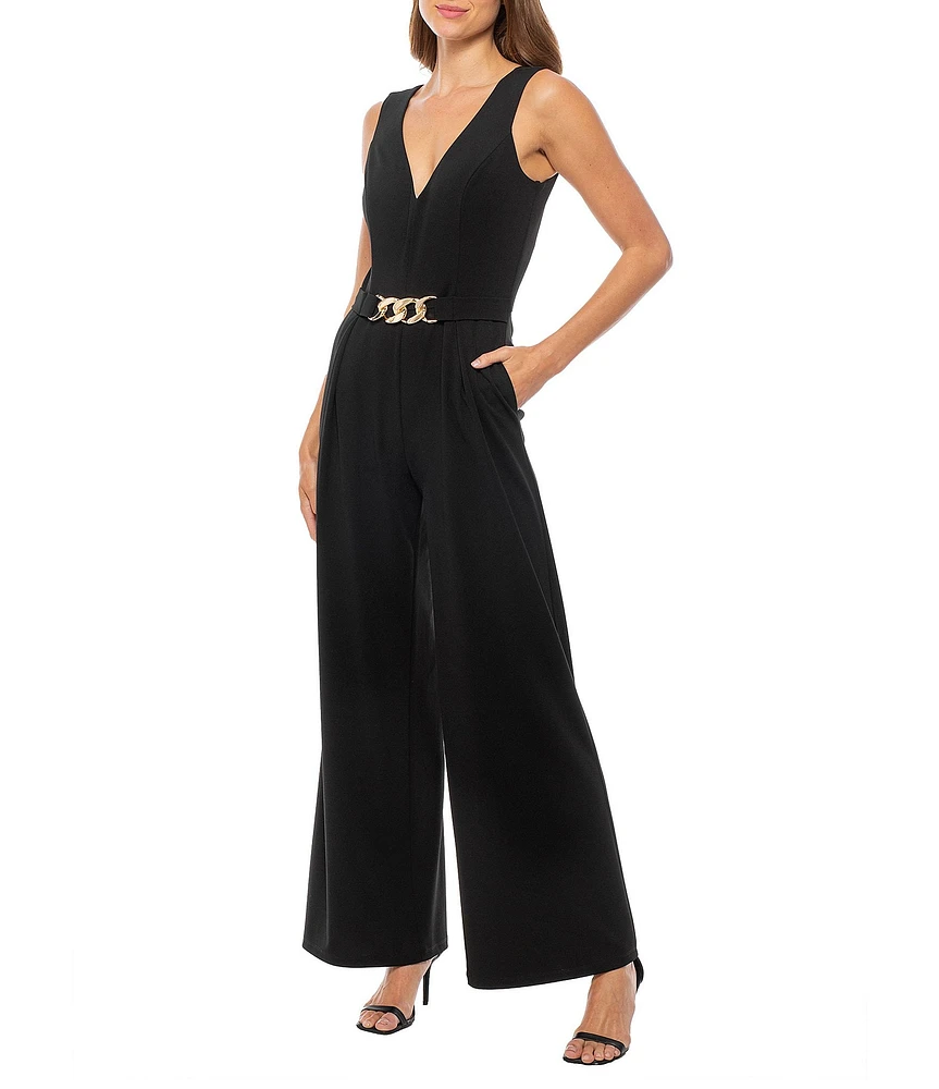 Marina Wide Leg Belted Scuba Crepe Jumpsuit