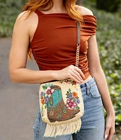 Mary Frances Line Dance Beaded Floral Cowboy Boots Fringe Crossbody Bag