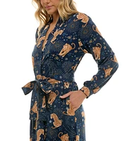 MASONgrey Della Long Banded Sleeve Tie Front Long Knit Cosmic Jungle Print Robe