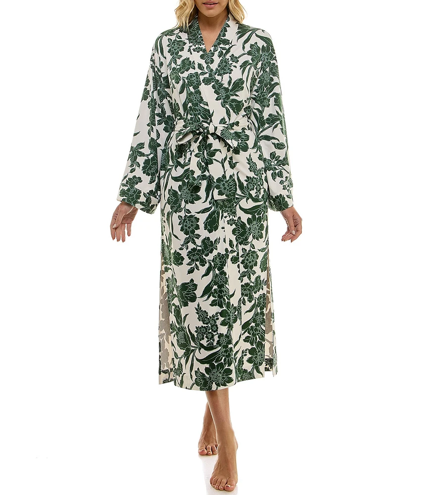 MASONgrey Long Sleeve Tie Front Knit Floral Print Long Kimono Robe