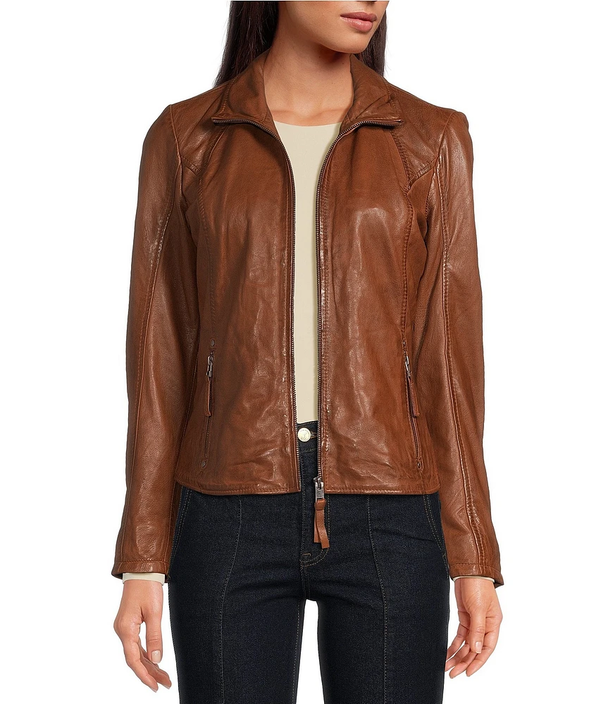 Mauritius Front Zip Lambskin Leather Long Sleeve Moto Statement Jacket