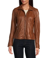 Mauritius Front Zip Lambskin Leather Long Sleeve Moto Statement Jacket