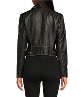 Mauritius Genuine Lambskin Leather Notch Collar Distressed Asymmetrical Zip Crop Moto Jacket