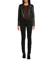 Mauritius Genuine Lambskin Leather Notch Collar Distressed Asymmetrical Zip Crop Moto Jacket