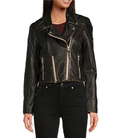 Mauritius Genuine Lambskin Leather Notch Collar Distressed Asymmetrical Zip Crop Moto Jacket