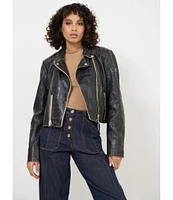 Mauritius Genuine Lambskin Leather Notch Collar Distressed Asymmetrical Zip Crop Moto Jacket