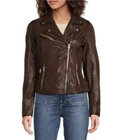 Mauritius Lambskin Leather Distress Notch Collar Asymmetrical Front Zip Moto Jacket