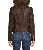 Mauritius Lambskin Leather Distress Notch Collar Asymmetrical Front Zip Moto Jacket