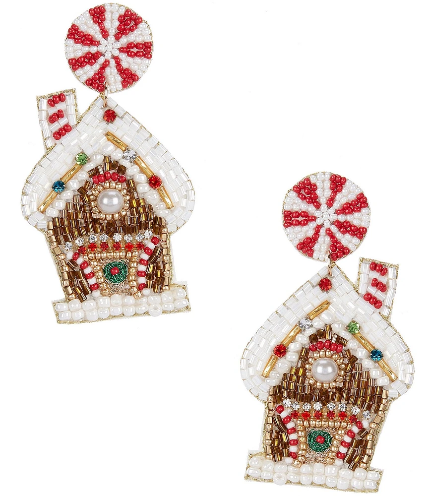 Merry & Bright Beaded Christmas Gingerbread House Statement Drop Earrings