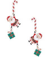 Merry & Bright Christmas Candy Cane Santa Holding Present Drop Earrings