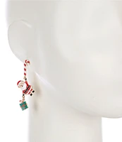 Merry & Bright Christmas Candy Cane Santa Holding Present Drop Earrings