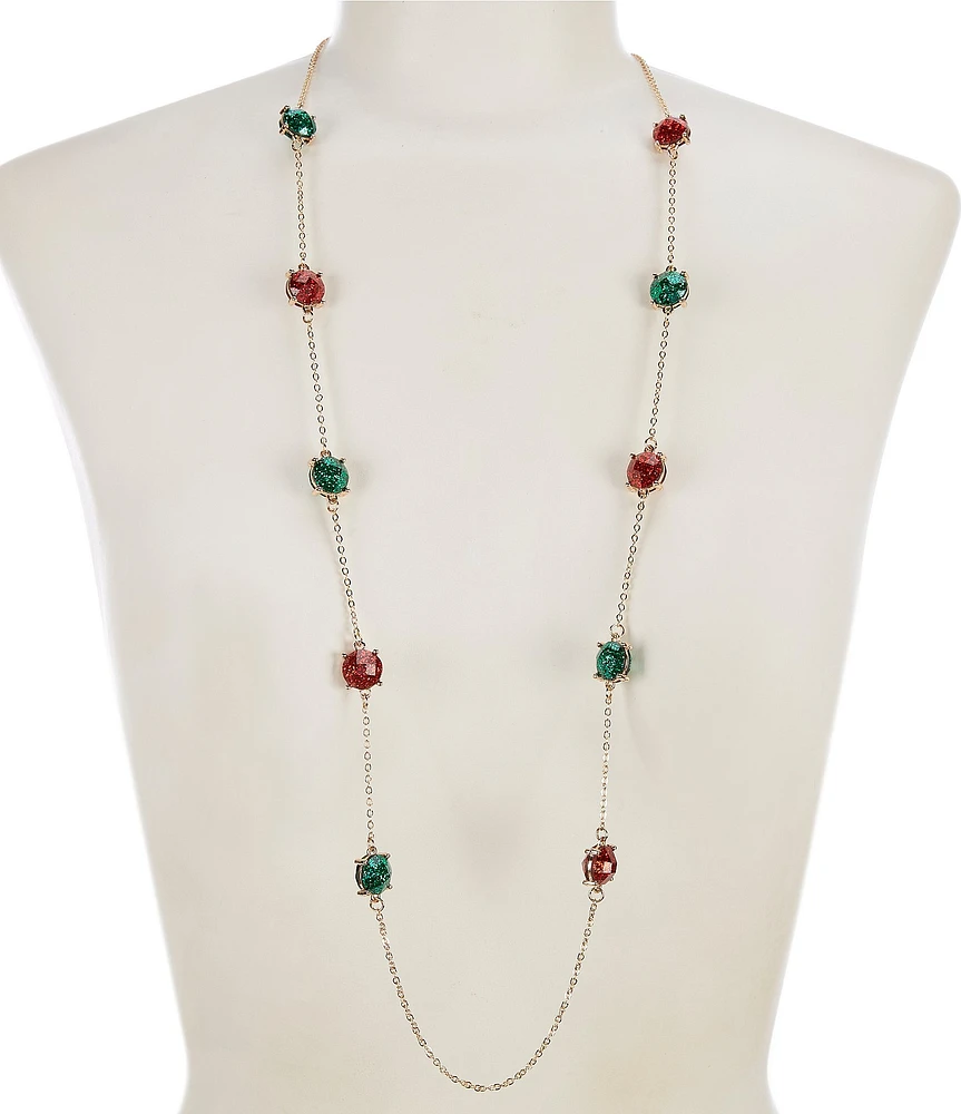 Merry & Bright Christmas Red & Green Glitter Epoxy Round Long Station Strand Necklace