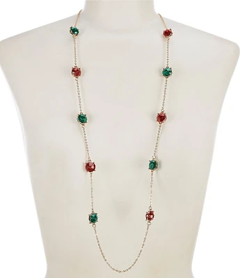 Merry & Bright Christmas Red & Green Glitter Epoxy Round Long Station Strand Necklace