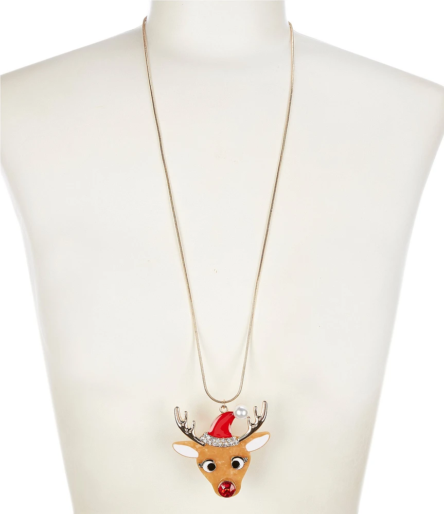 Merry & Bright Christmas Reindeer Long Pendant Necklace