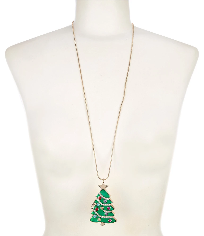 Merry & Bright Christmas Tree Locket Long Pendant Necklace