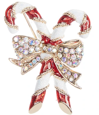 Merry & Bright Crystal Christmas Bow Candy Cane Pin