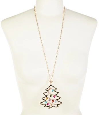 Merry & Bright Crystal Christmas Tree Long Pendant Necklace