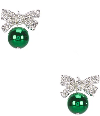 Merry & Bright Crystal Pave Christmas Bow Green Bead Drop Earrings