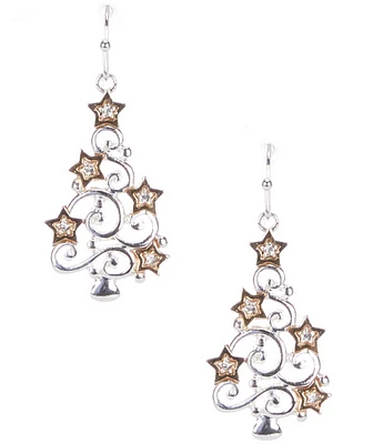 Merry & Bright Crystal Stone Open Swirl Two Tone Christmas Tree Drop Earrings