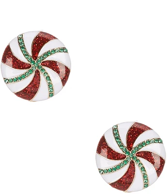 Merry & Bright Emerald Pave Red & White Enamel Christmas Candy Clip Stud Earrings