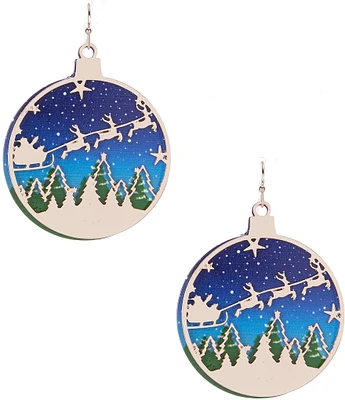 Merry & Bright Flying Santa Sleigh Christmas Ornament Drop Earrings