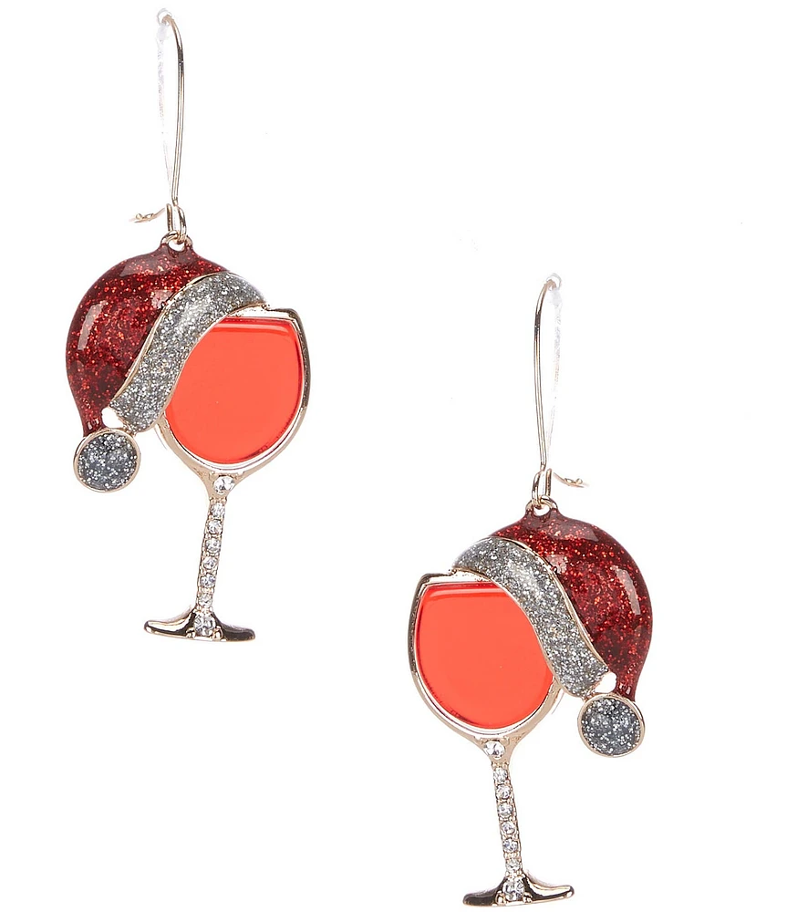 Merry & Bright Glitzy Santa Hat Wine Cup Christmas Drop Earrings