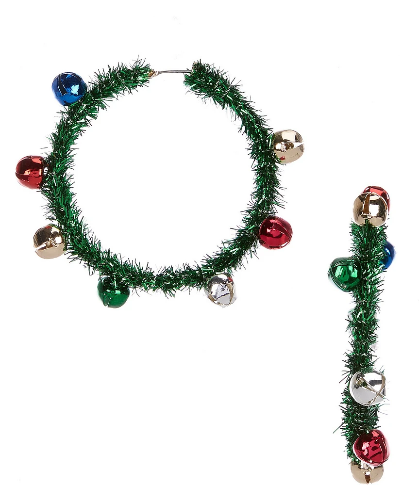 Merry & Bright Jingle Bell Tinsel Wrapped Christmas Wreath Hoop Earrings