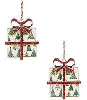 Merry & Bright Red Glitter Bow Christmas Tree Gift Box Drop Earrings