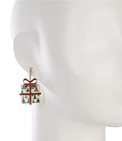 Merry & Bright Red Glitter Bow Christmas Tree Gift Box Drop Earrings