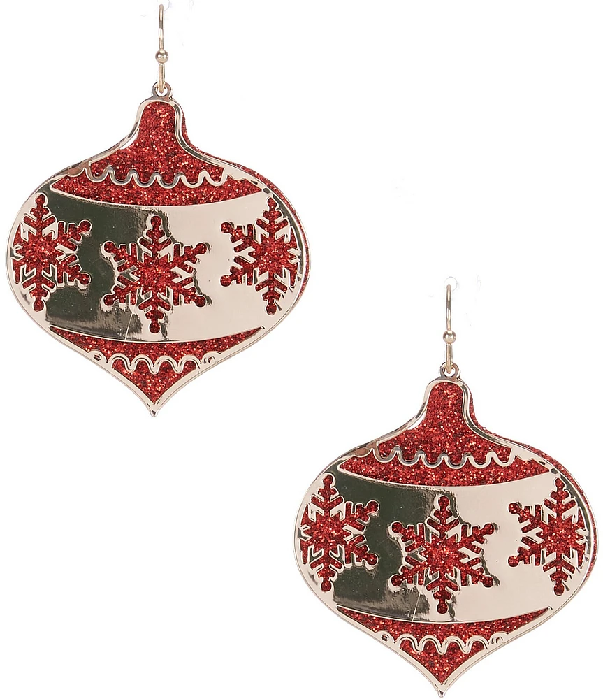 Merry & Bright Red Glitter Snowflake Christmas Ornament Drop Earrings