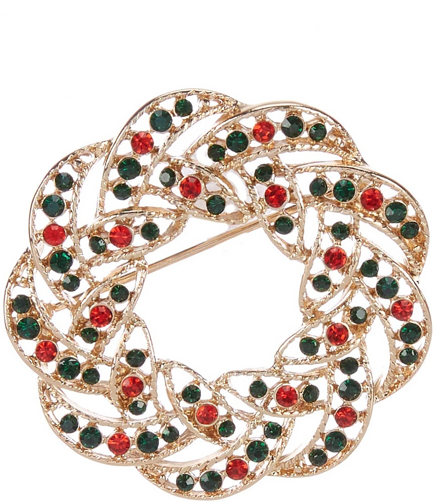 Merry & Bright Siam & Emerald Stone Christmas Wreath Pin