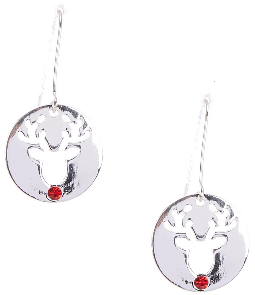 Merry & Bright Siam Stone Christmas Reindeer Disc Drop Earrings