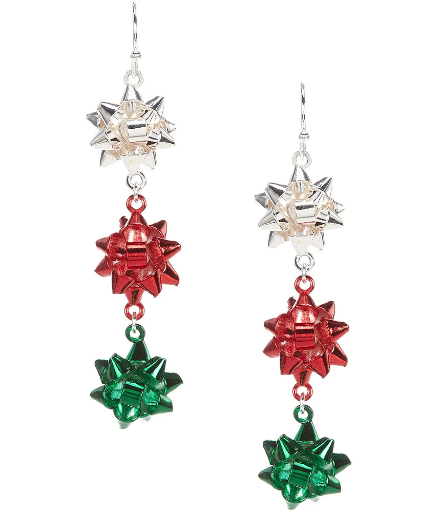 Merry & Bright Tri Color Christmas Bow Linear Earrings