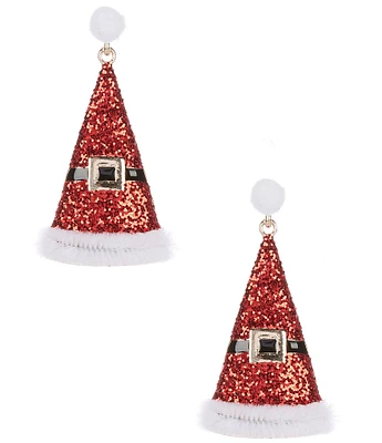 Merry & Bright White Pom Pom Stud Glitter Christmas Santa Hat Drop Earrings